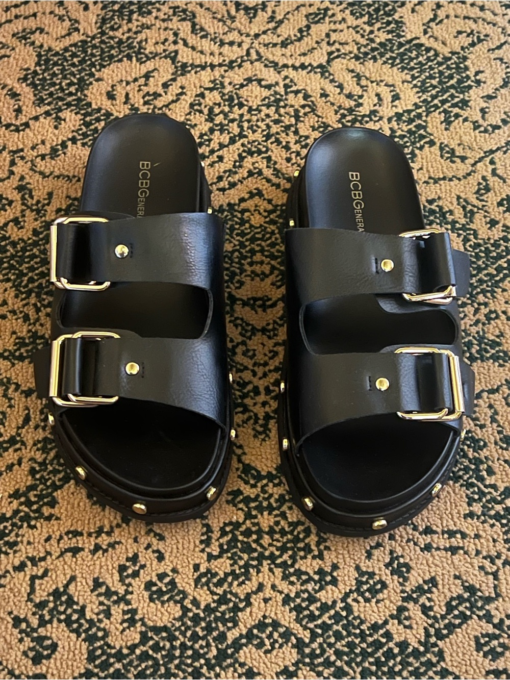 BCBGeneration Black Double-Buckle Studded Platform Sandals